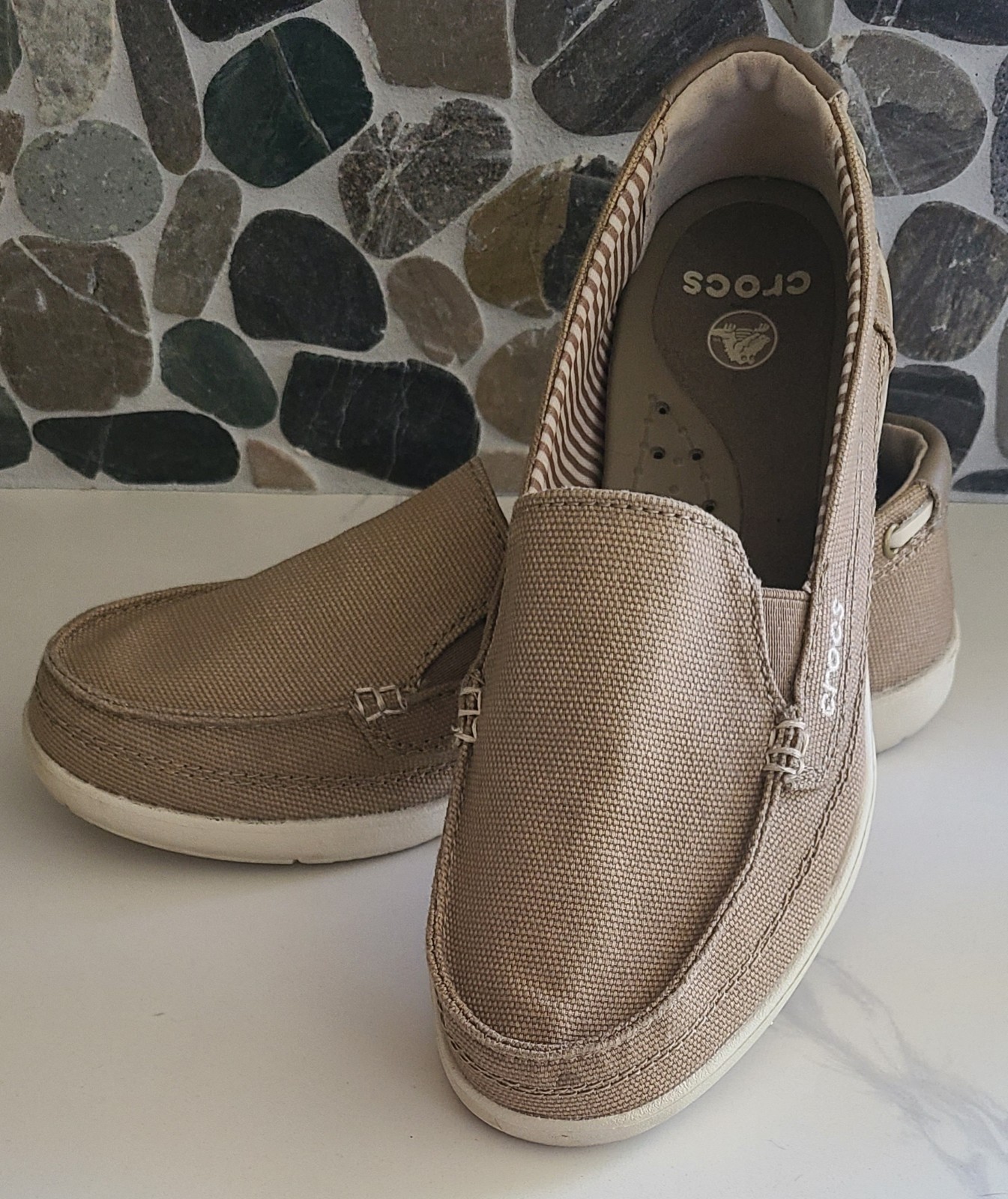 Crocs Womens Size 6 Walu Tan Canvas Slip-On Boat Deck Loafers-image