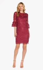 Adrianna Papell Floral Embroidered Lace Sequin Dress w/Bell Sleeve - Sz. 2, Red