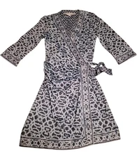 Gretchen Scott Wrap It Up Gray Blue Geometric 3/4 Sleeve Wrap Dress Size Medium