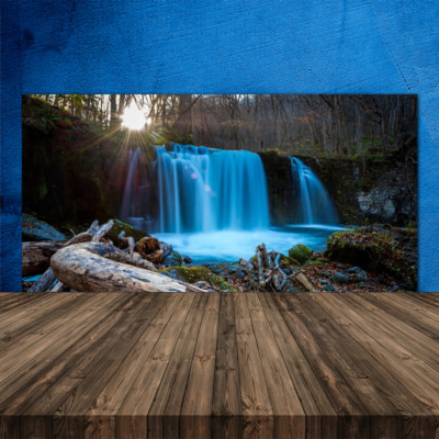 Küchenrückwand aus Glas ESG Spritzschutz 120x60cm Sonne Wald Wasserfall Natur