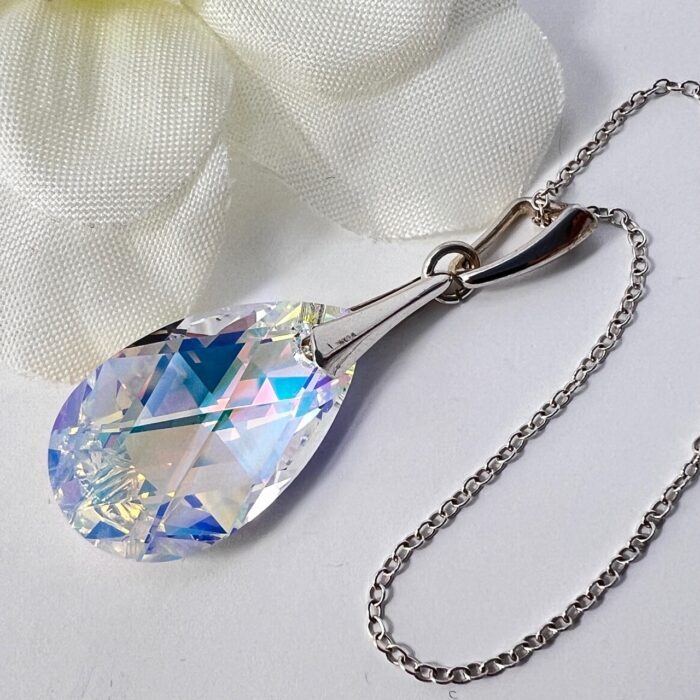 Sterling Silver Large 28mm Necklace Pendant Pear AB Made With Swarovski Crystal
