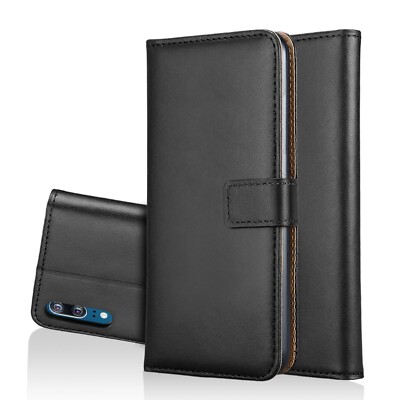 Wallet Case Genuine Split Echt Leder Tasche Hülle Etui Schwarz für Huawei P20