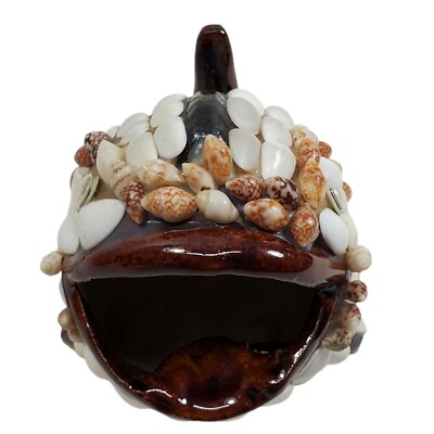 Folk Art Shell Covered Ashtray Wide Mouth Whale Fish Ceramic Tobacco Ash Tray  