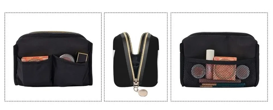 Elegante bolso de maquillaje y cosmética de cuero negro con cremallera letras blancas cremallera dorada Foto 2 de 3