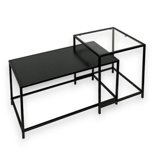 Set Of 2 Coffee Table Black Large Nesting Tables Side Table with Clear Glass Top - Picture 2 of 13