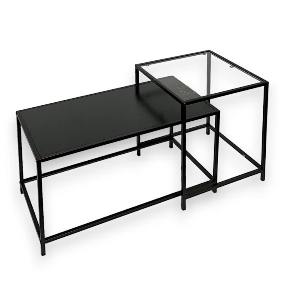 Set Of 2 Coffee Table Black Large Nesting Tables Side Table with Clear Glass Top - Image 2 of 4