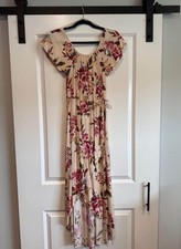 Beige Floral Maxi Dress Scoop Neck Flutter Short Sleeves Tie Waist Long Women