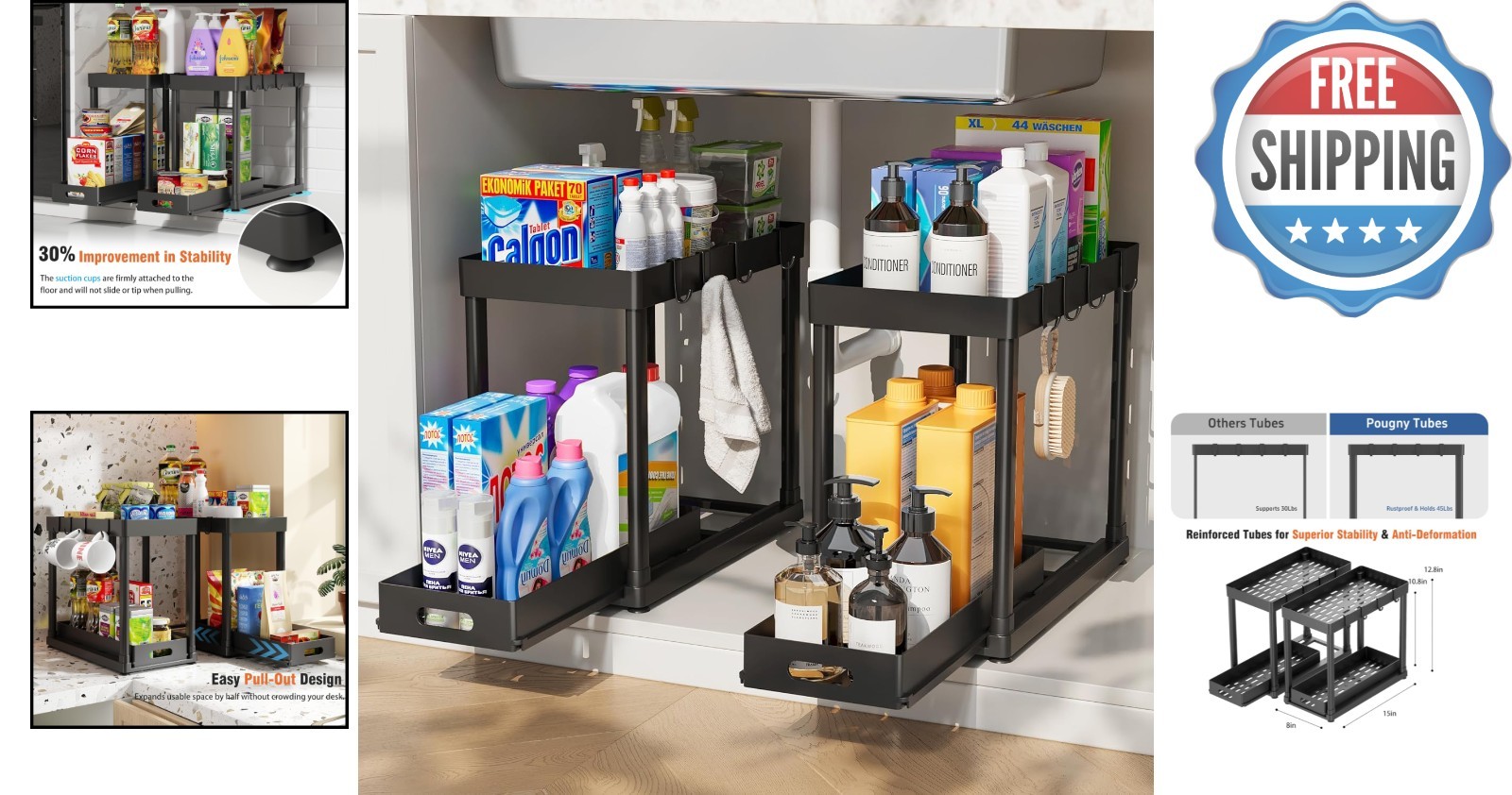 Versatile 2-Tier Pull-Out Storage Organizers for Kitchen and Bathroom - Black