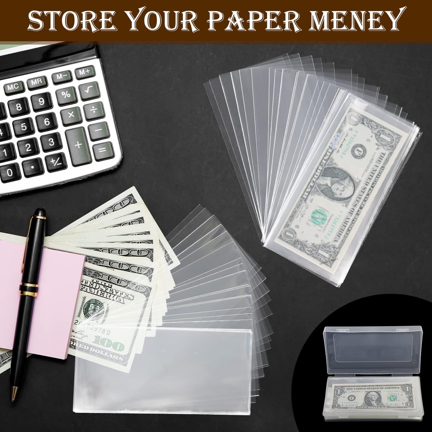 100PCS Premium Clear Paper Money Sleeves & Plastic Storage Case US ...