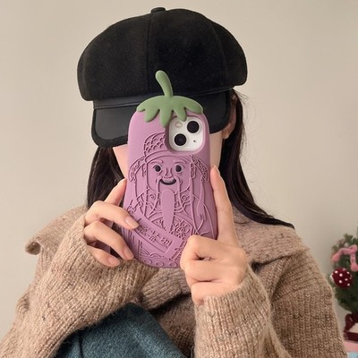 3D Cute Purple Eggplant God Silicone Phone Case for iPhone 12 13 14 15 16Pro Max