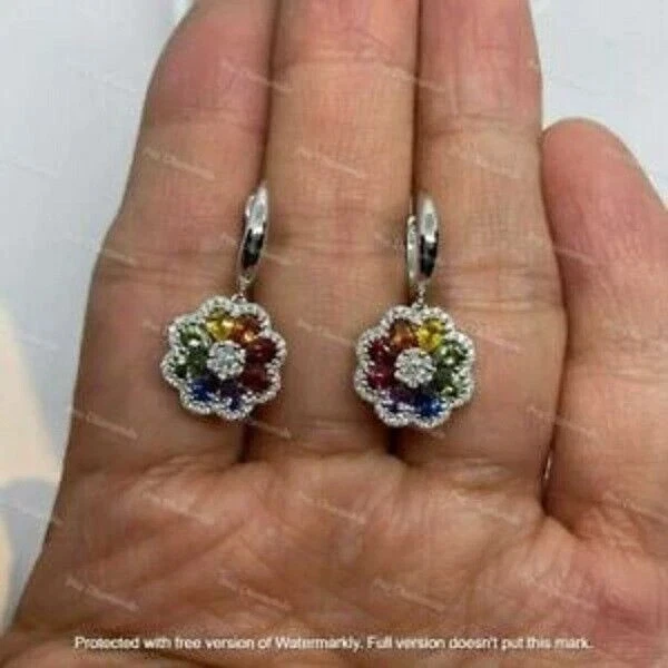 2Ct lab created Pear Cut MultiColor Sapphire Earrings 14K White Gold Finish - Image 4 of 4