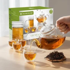 Glass Tea Set 2-in-1 with Teapot Mug Warmer Double Wall Cups for Gift