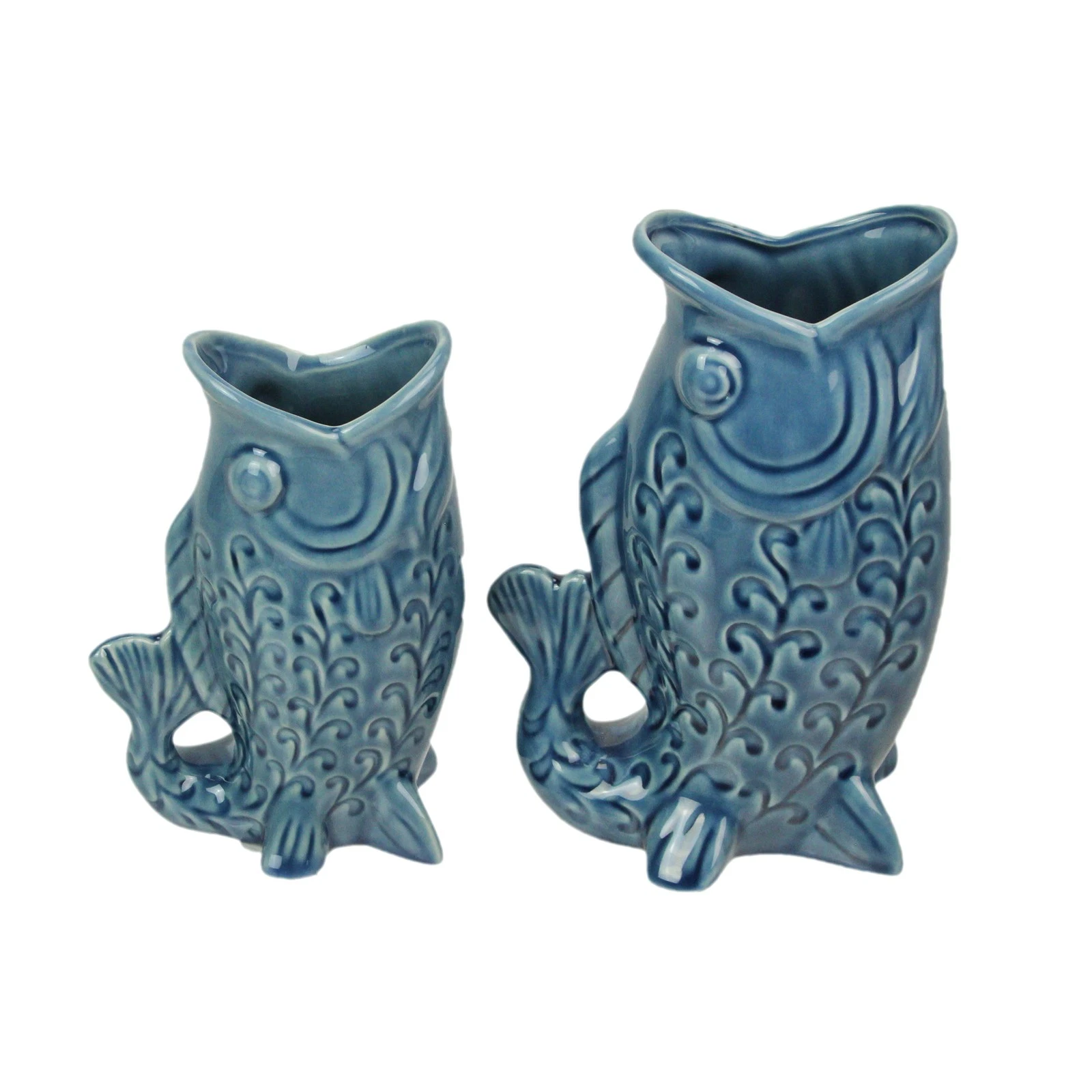 Zeckos Blue Fish Decorative Vases Set of 2 Glossy Ceramic Coastal Tabletop
