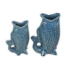 Zeckos Blue Fish Decorative Vases Set of 2 Glossy Ceramic Coastal Tabletop