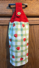 Sweet Strawberry Double Hanging Kitchen Towel Handmade Crochet Topper Red