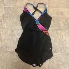 Vintage 80  s Roxanne One Piece Swimsuit Black  Color Blocked Sz 12/34D