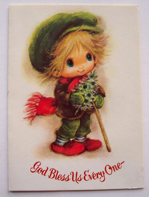 Tiny Tim holding tree God Bless  vintage Christmas greeting card *YY5
