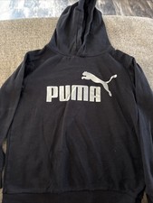 Puma Youth Hoodie Sweatshirt Black Silver Hood Kangaroo Pocket Size M 10/12