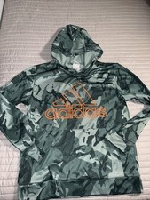 Adidas Boys Pullover Hoodie Green Camo Orange Logo Kids Sz L 14/16