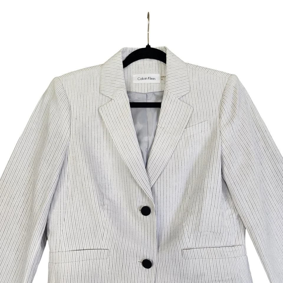 Calvin Klein Womens Blazer Size 6 Two Button White Pin Stripe Career Office Work - Image 2 of 4