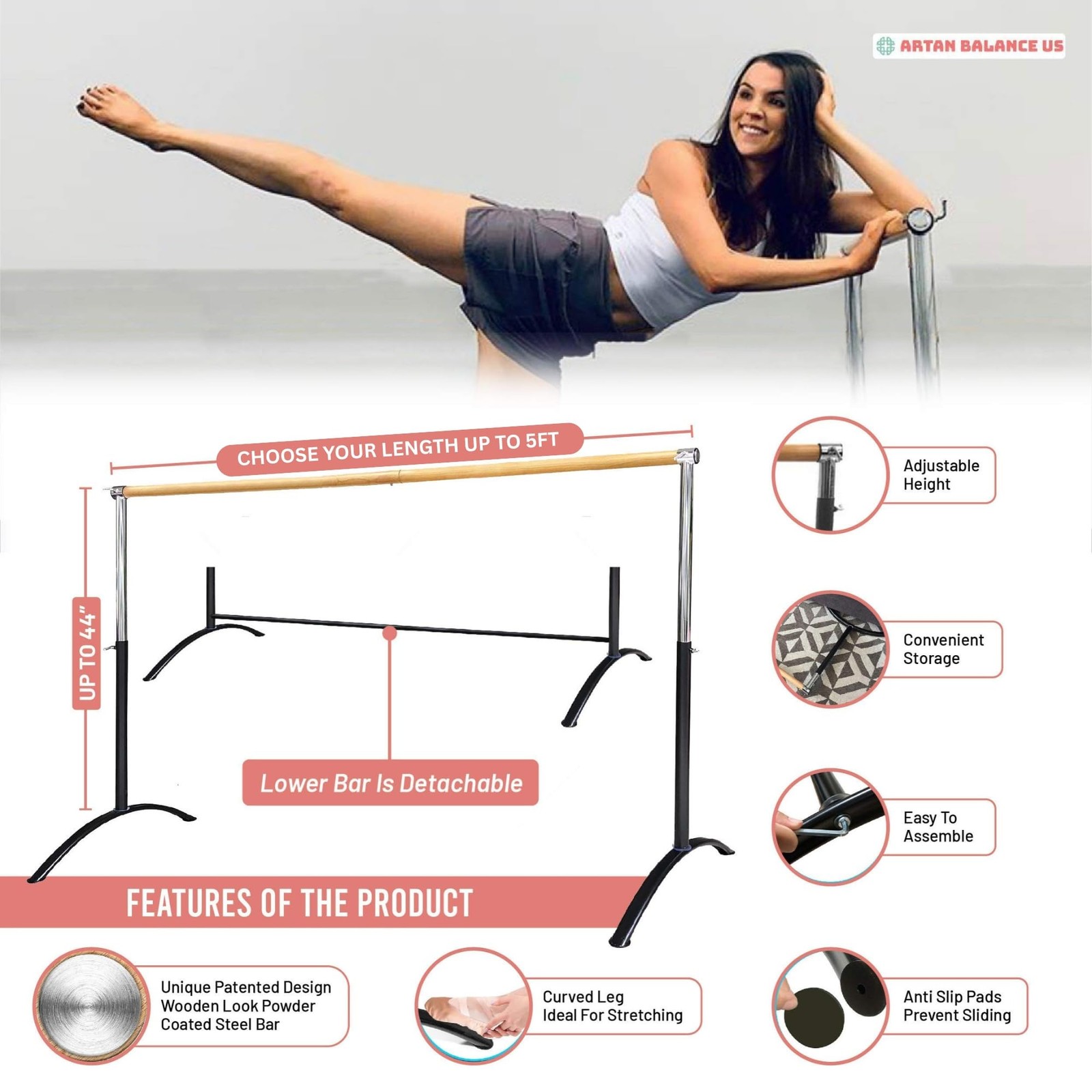 Ballet Barre Portable for Home or Studio, Freestanding Adjustable Bar for Str... thumbnail 2
