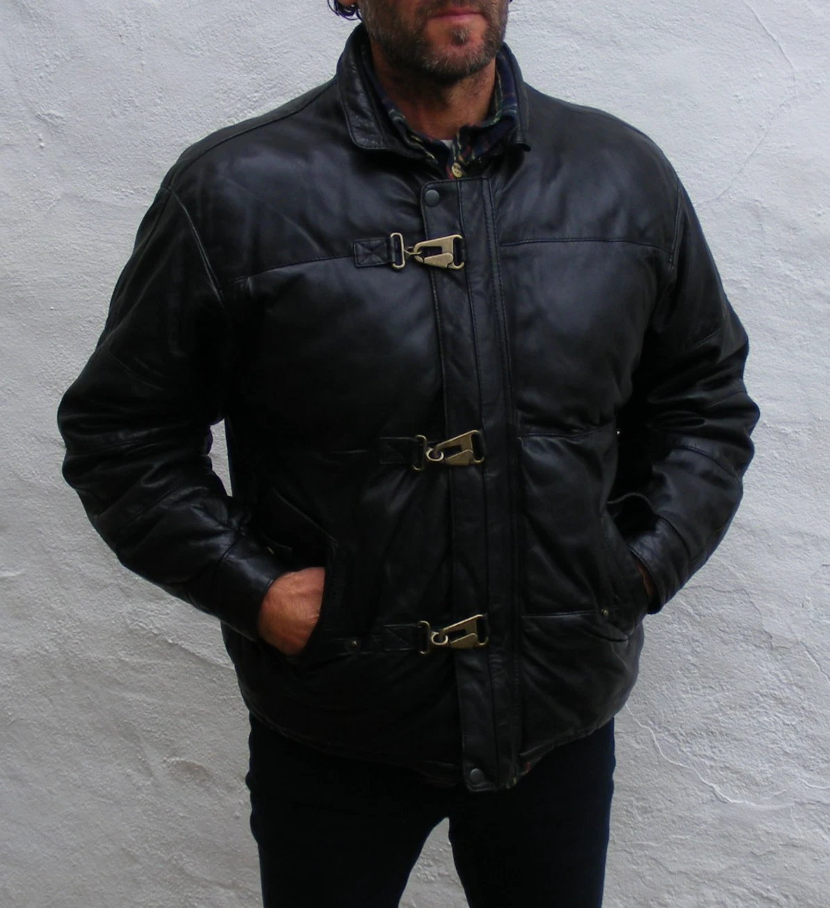Vintage small medium 38 mens unisex black Leather jacket coat puffer bomber