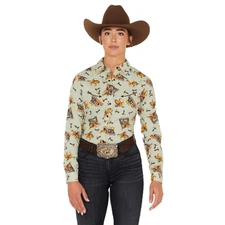 Cruel Denim® Ladies Western Horse Printed Green Button Down Shirt CTW7398002