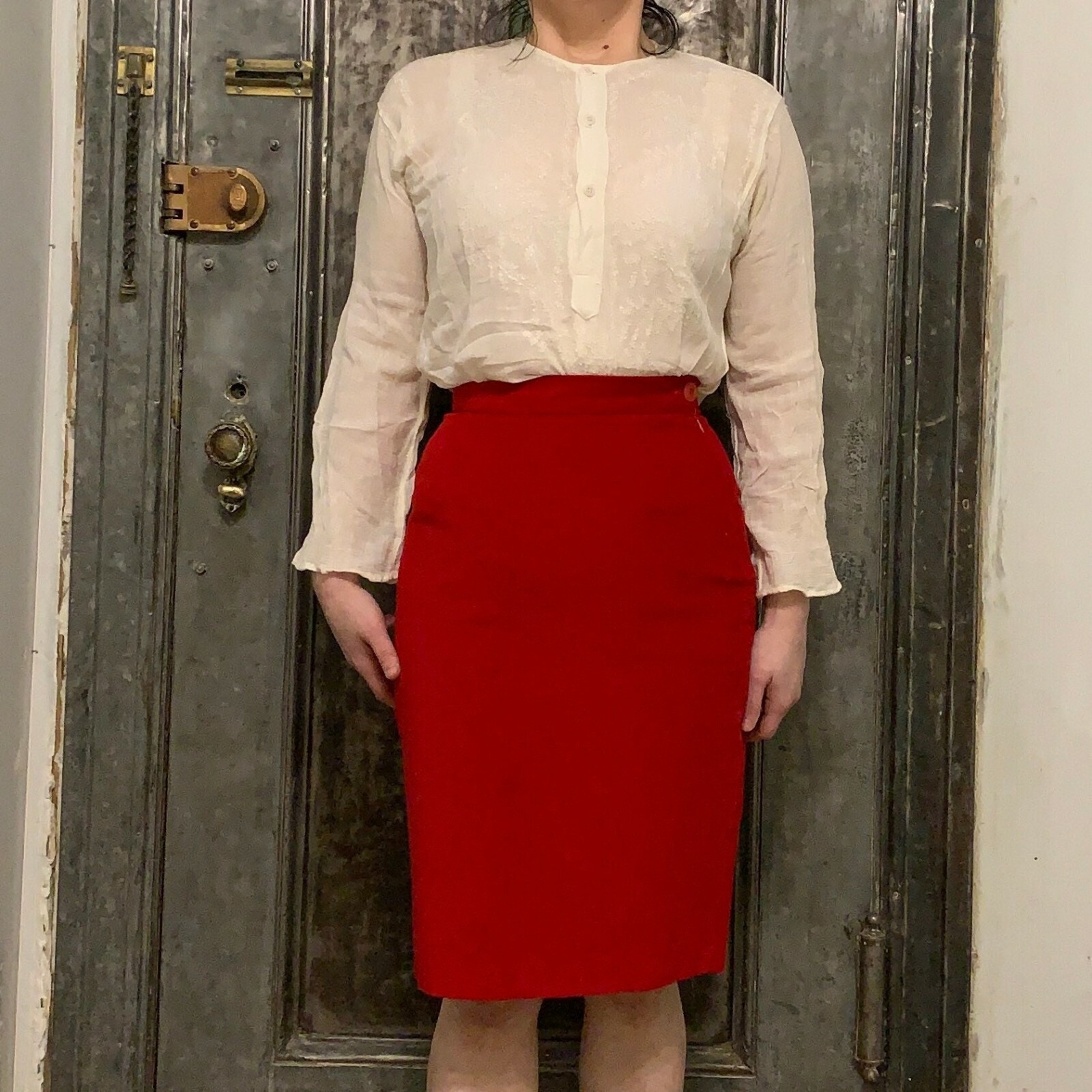 Vintage 90s Krizia Jeans red velvet knee length pencil skirt High