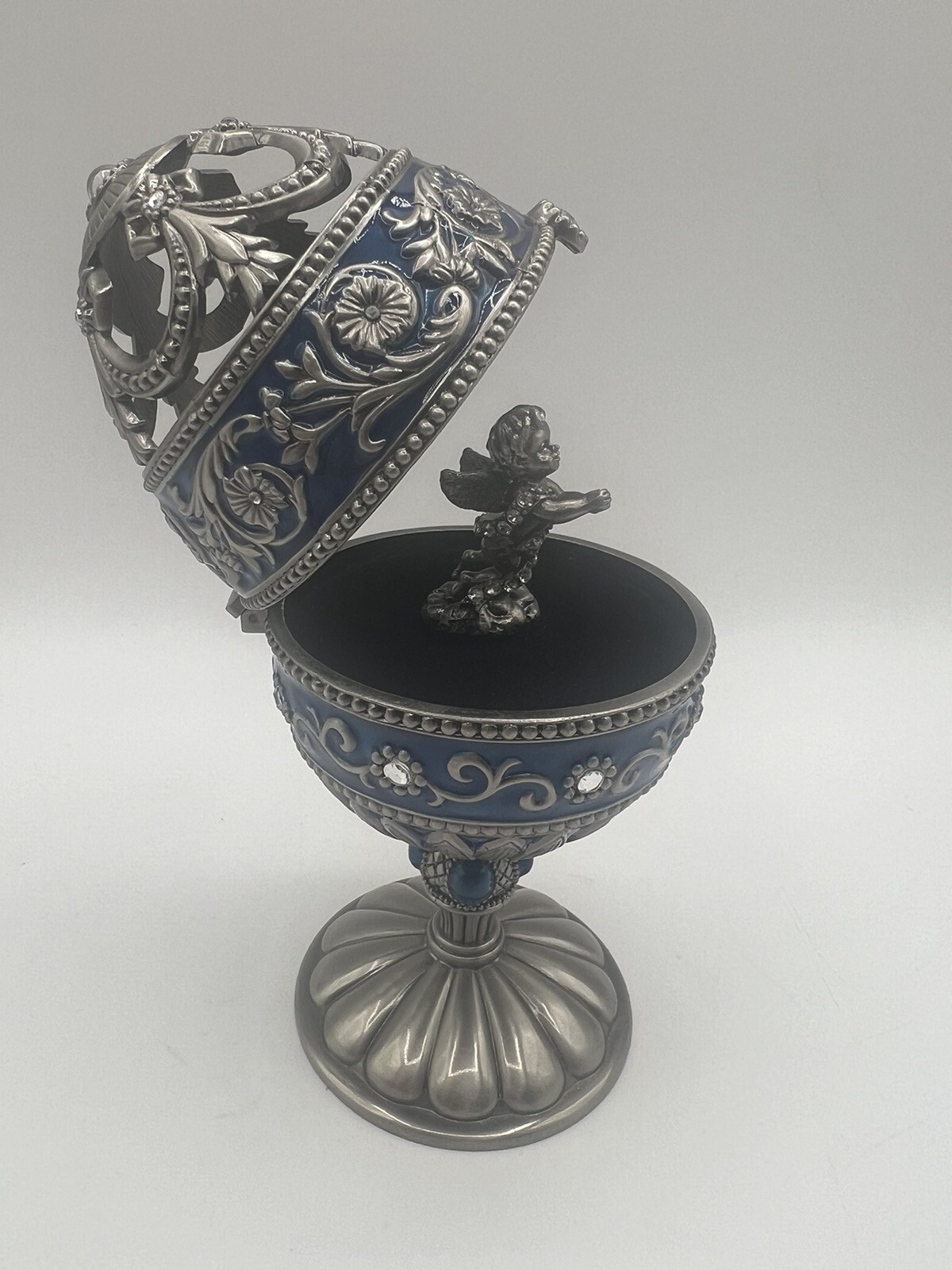 Musical Egg Metal & Royal Blue w/ Rotating Angel Music Box “Amazing Grace” 7” eBay
