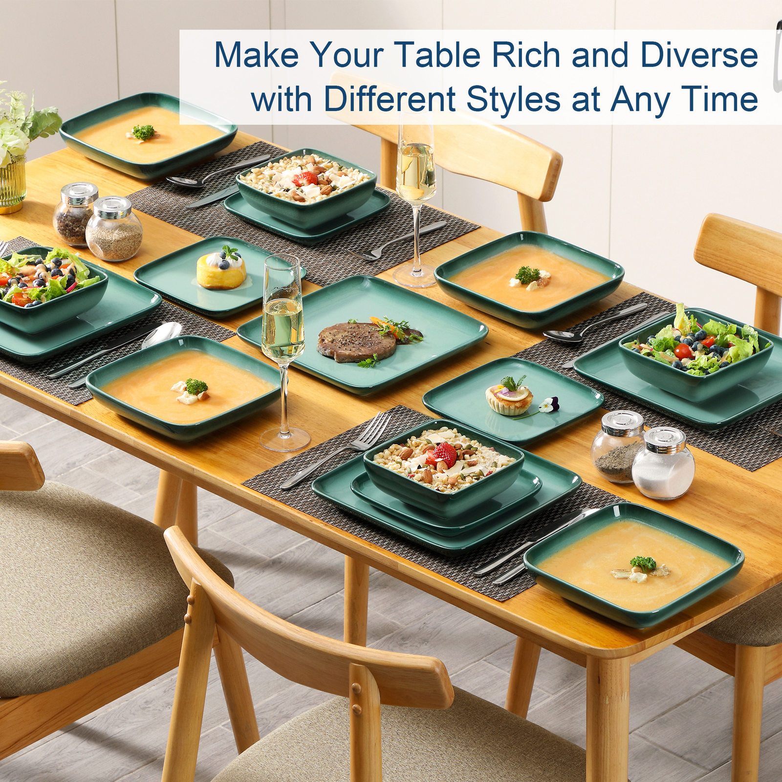 LOVECASA Stoneware Bowls and Plates Set 16Piece Dark Green Dinnerware