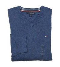Tommy Hilfiger Men's Medium Blue Solid V-Neck Cotton Pullover Sweater