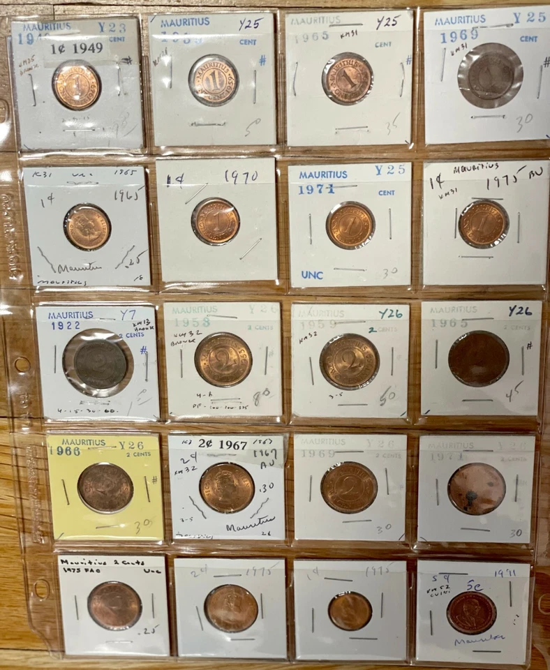 Mauricio: Todo en uno - Lote de 56 monedas - 1c, 2c, 5c, 10c, 20c, 1/4R, 1/2R, 1R, 5R, 10 rupias Foto 3 de 4