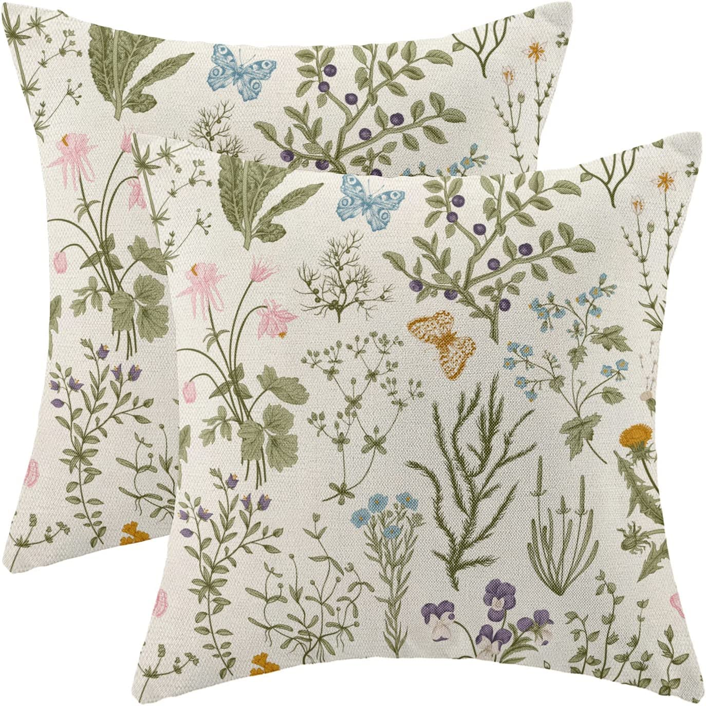 Sage Green Wildflower Plant Spring Pillow Covers 18x18 Set of 2