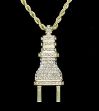 Icy CZ Plug Pendant 14k Gold Plated 24" Rope Necklace Hip Hop Fashion