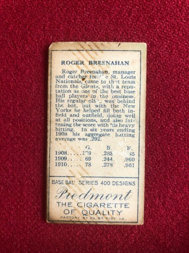 1911, T-205, Roger Bresnahan, Piedmont Tobacco Card (Scarce / Vintage) - Picture 2 of 2