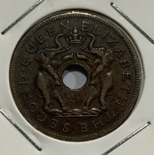 1955 Rhodesia and Nyasaland 1 Penny - Elizabeth II Elephants Coin