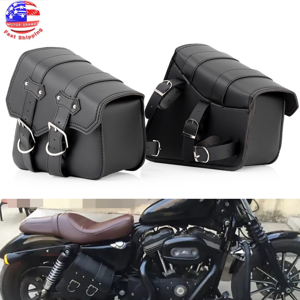 For Honda Yamaha Cruiser PU Leather Motorcycle Saddle Bags