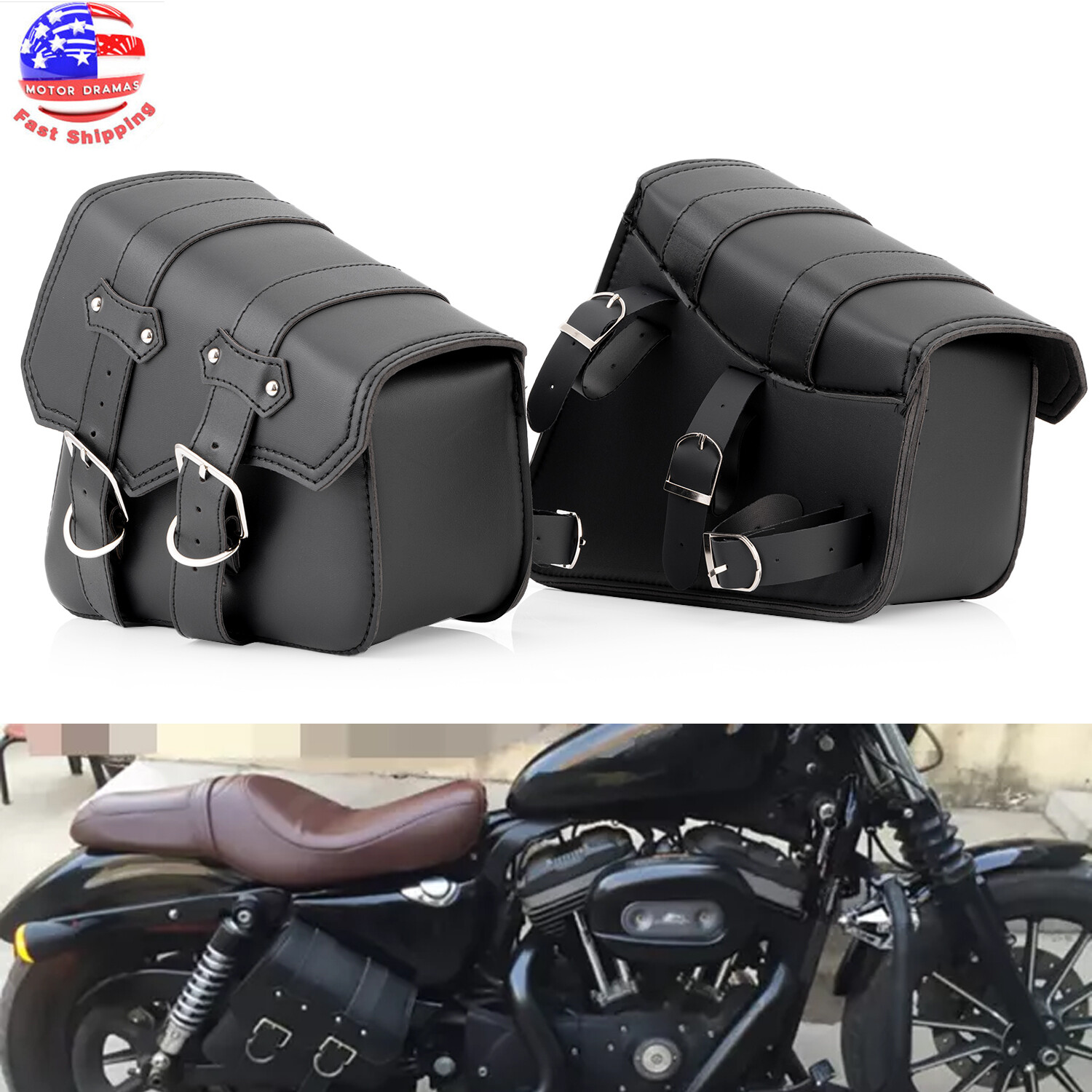 For Honda Yamaha Cruiser PU Leather Motorcycle Saddle Bags
