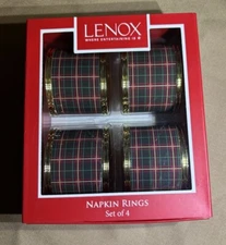Set of 4 Lenox Nouveau Tartan Plaid Napkin Rings Gold Rim New