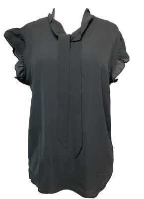 NWT M Lucky Mare Blouse Ruffled Flowy Cap Sleeve V-Neck With Tie Black