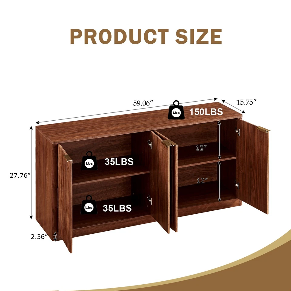 Sideboard Buffet Cabinet with Storage,59'' Walnut Fluted Credenza Console Table - Image 4 of 4