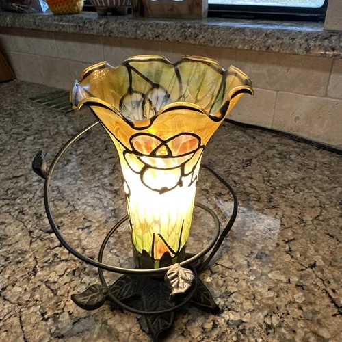Vintage Tiffany Style Amber & Green Lily Hummingbird Table Lamp Home Decoration