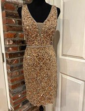 Mac Duggal Gold Sequin/Beaded V-Neck Bodycon Knee Dress 4 Sleeveless