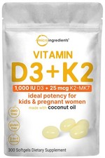Vitamin D3 1,000 IU  K2 MK-7 25 mcg, 300 Softgels  Virgin Coconut Oil  2-i...