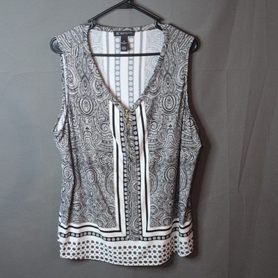 INC International Concepts Black/White Paisley Ruffle V-Neck Blouse Plus 2X