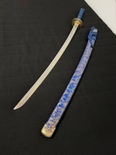 Japanese Imitation Sword Naoe Kanetsugu, Blue and Gold Cloud Lacquered Scabbard