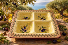 Large Hand Painted Mediterranean Olive 4 Section Serving Dish Antipasti Platter