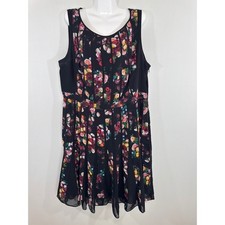 Adrianna Papell Black Floral Pleated Sleeveless Midi Dress Wedding Guest Size 14