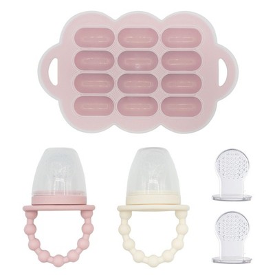 Baby Food Feeder Set - 2 Silicone Feeders & Reusable Freezer Tray with Lid - ...