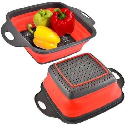 Red Square Collapsible Colander with Handles Foldable Kitchen Strainer